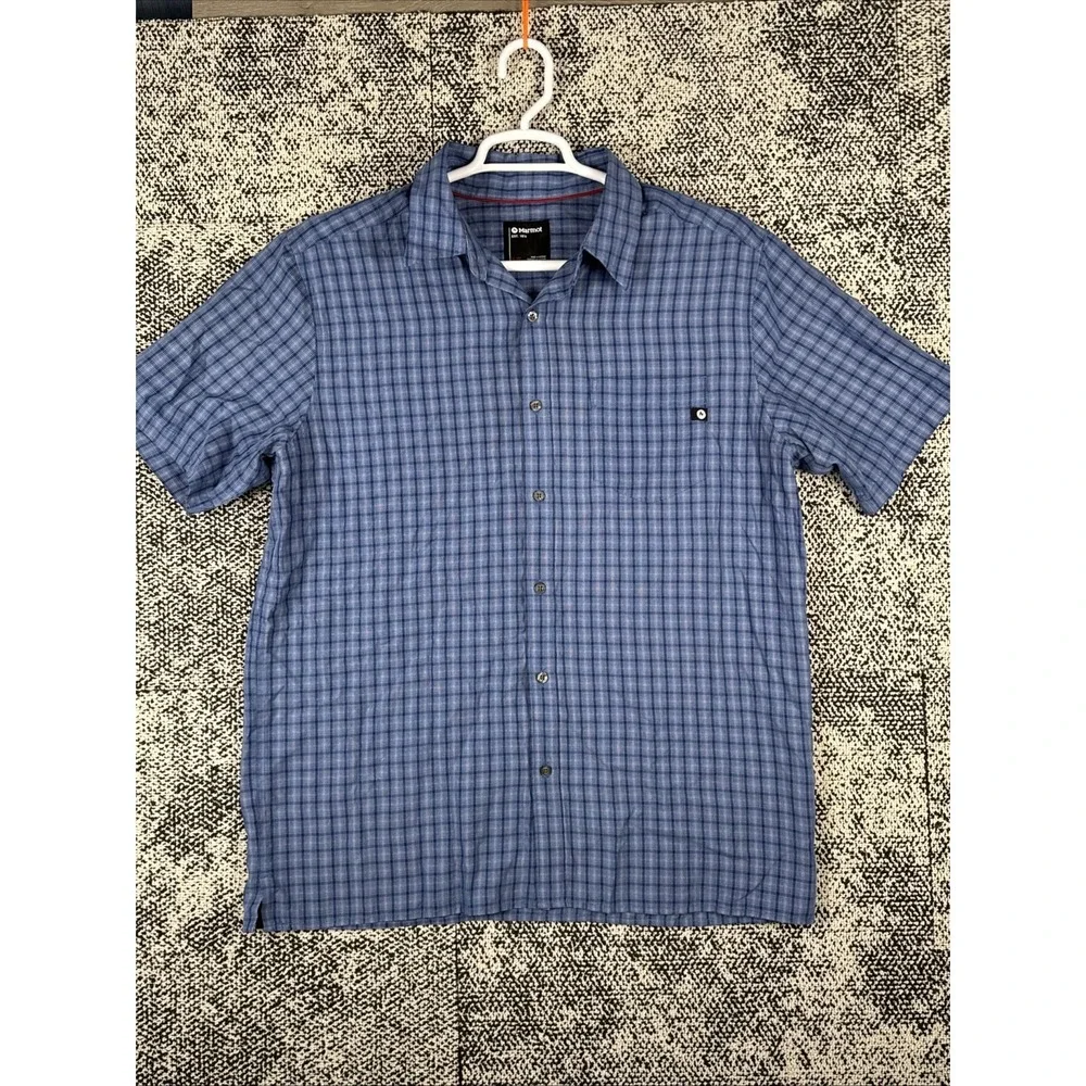 Marmot Short Sleeve Button Up‎ Camp Shirt Mens XL Performance Blue Plaid Hike - Picture 2 of 9
